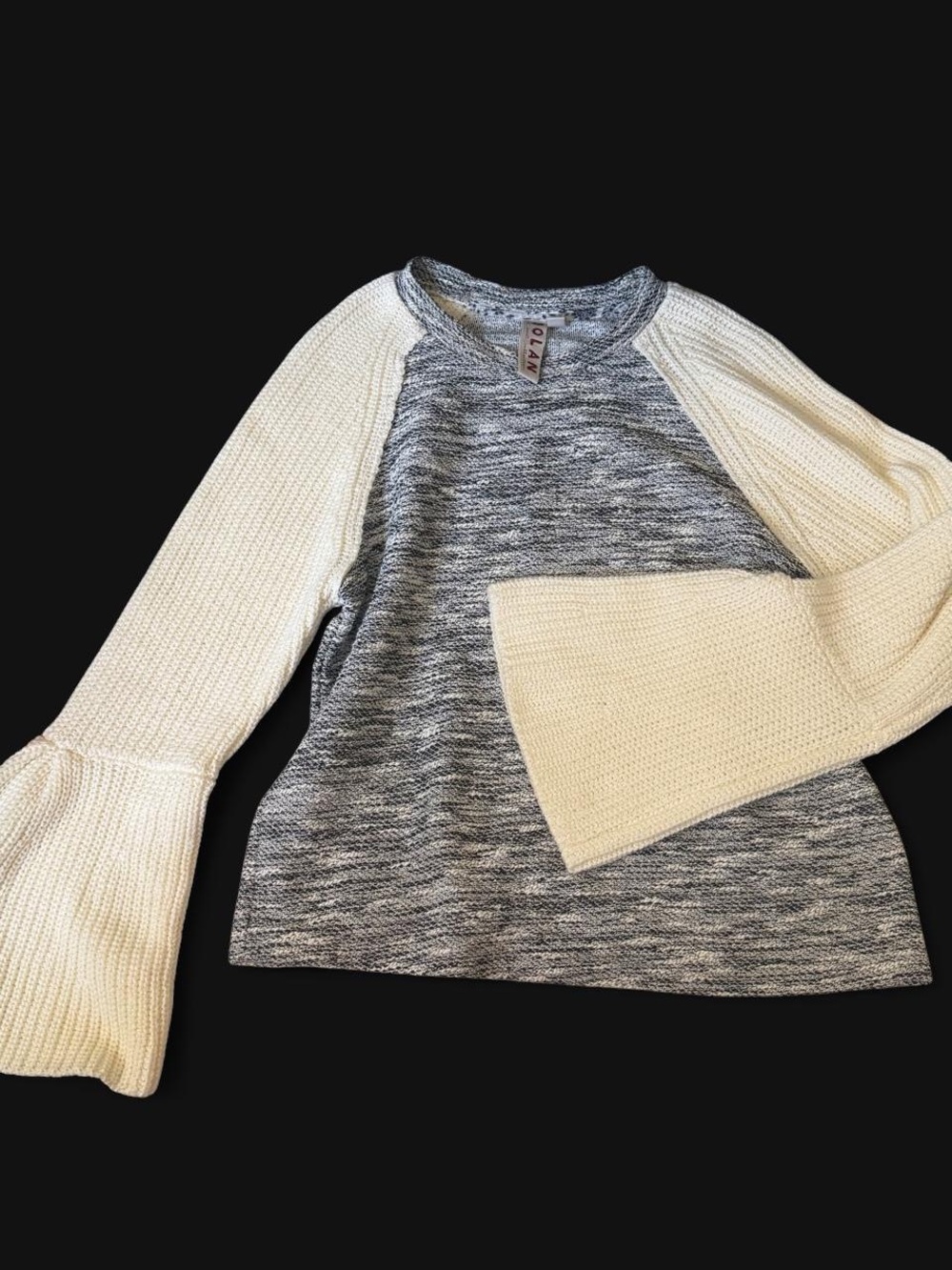 Anthropologie Two-Tone Bell Sleeve Crewneck - Gray & Cream
